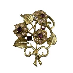 Vintage COTO Gold Tone Floral Rhinestone Brooch | Purple & Champagne Crystal
